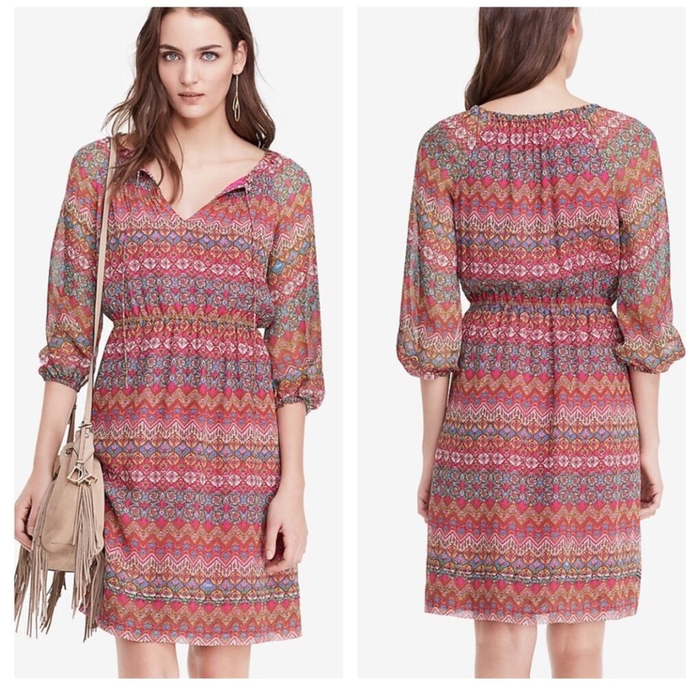Diane Von Furstenberg Parry 100% Silk Mini Dress Size 0 Red Chevron Boho Print